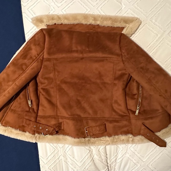 HOLLISTER Womens Suede Faux Fur Lined Fleece Aviator Bomber Jacket Brown XXS - Picture 4 of 4